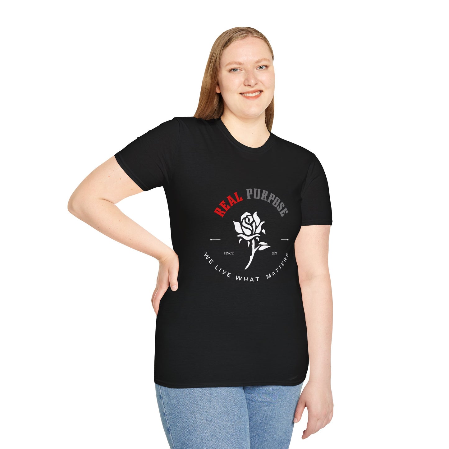 Women Logo Rose Unisex Softstyle T-Shirt with Real Purpose Apparel - Life Purpose Journey and Inspiration