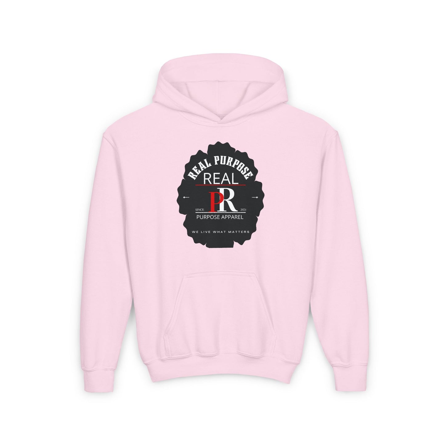 Youth Hooded Sweatshirt with Real Purpose Apparel Logo - I was created not evolved