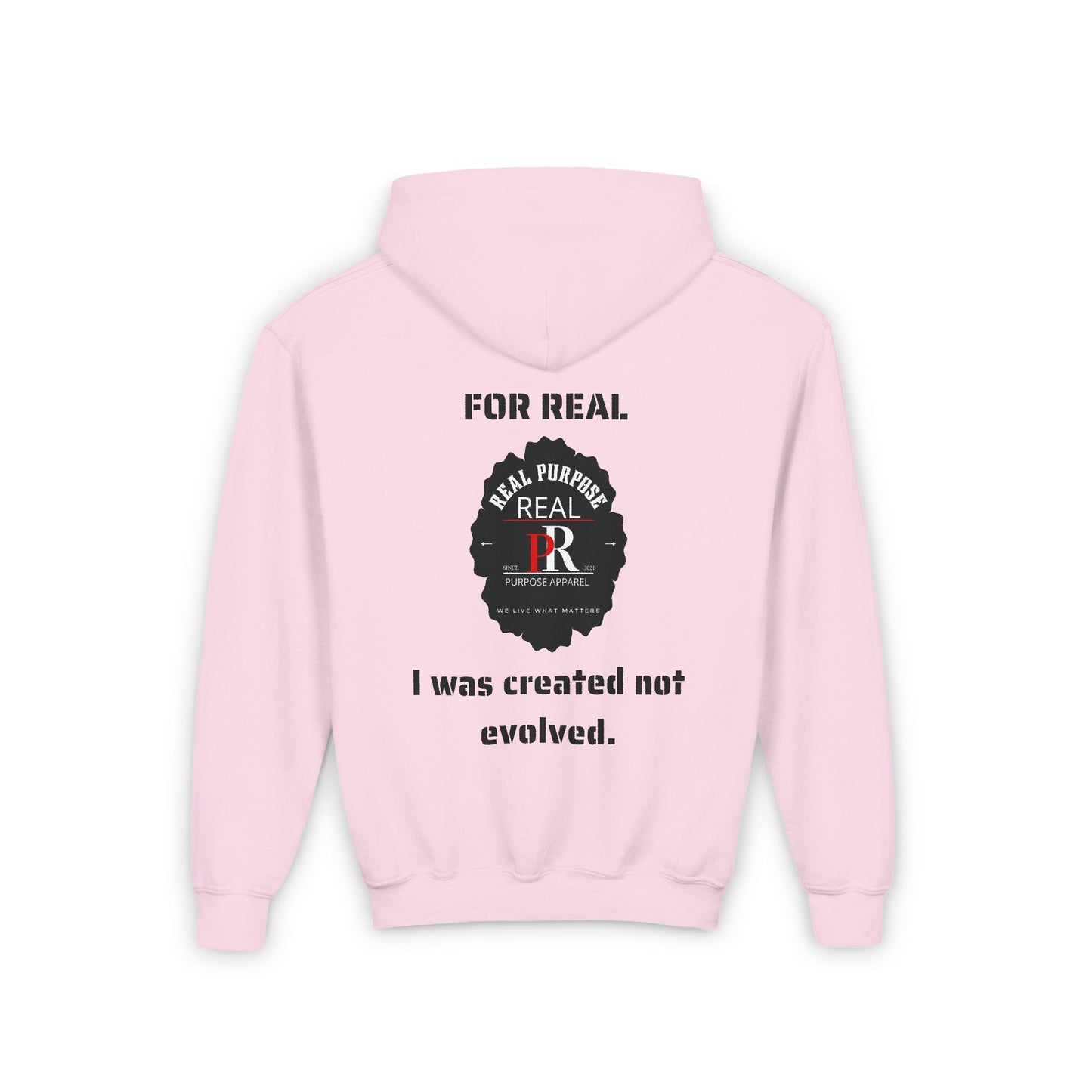 Youth Hooded Sweatshirt with Real Purpose Apparel Logo - I was created not evolved