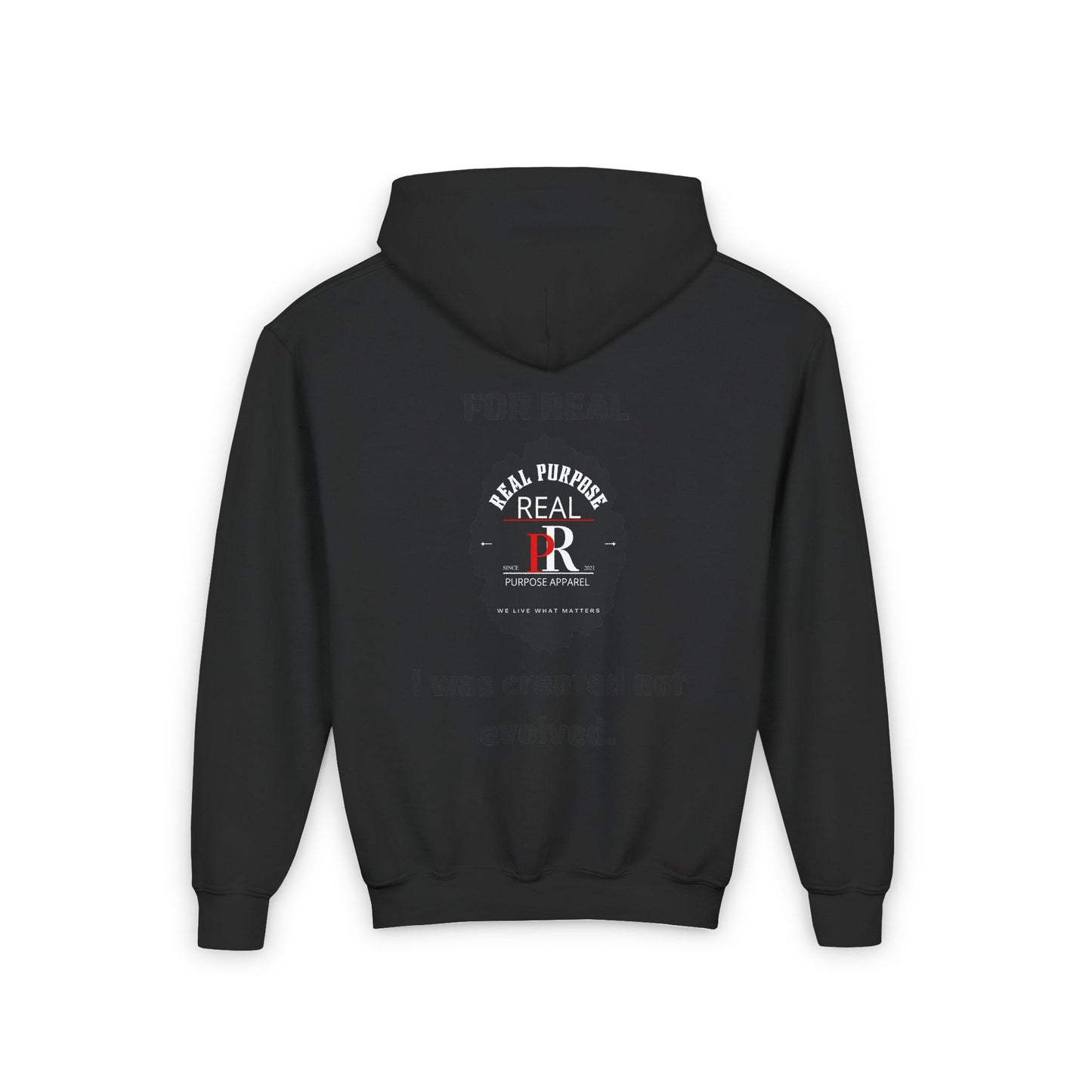 Youth Hooded Sweatshirt with Real Purpose Apparel Logo - I was created not evolved