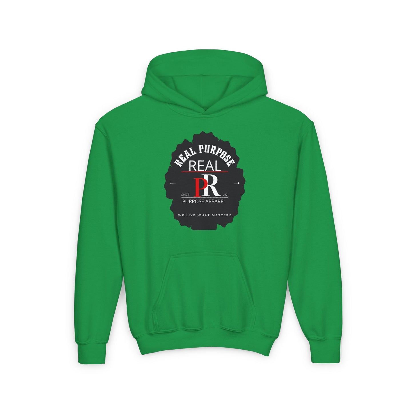 Youth Hooded Sweatshirt with Real Purpose Apparel Logo - I was created not evolved