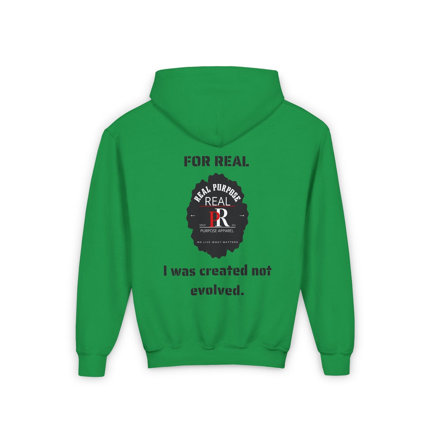 Youth Hooded Sweatshirt with Real Purpose Apparel Logo - I was created not evolved