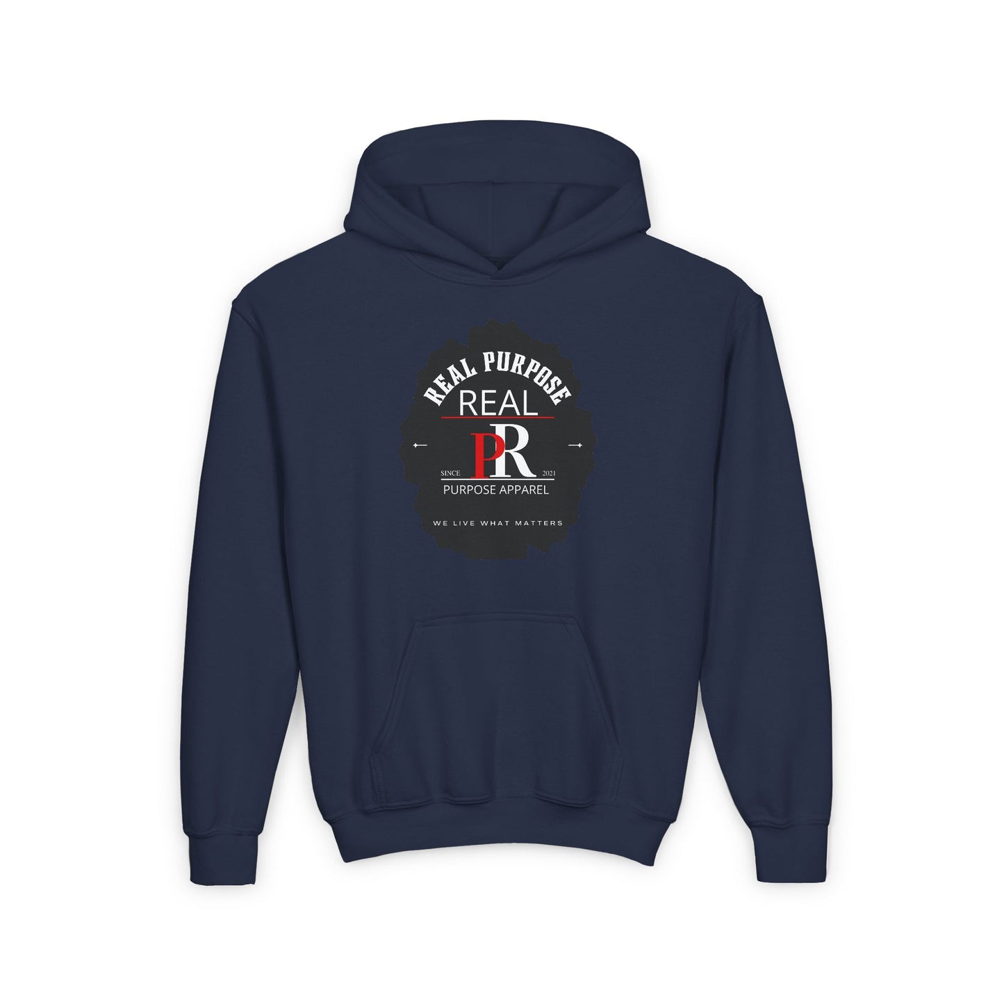 Youth Hooded Sweatshirt with Real Purpose Apparel Logo - I was created not evolved